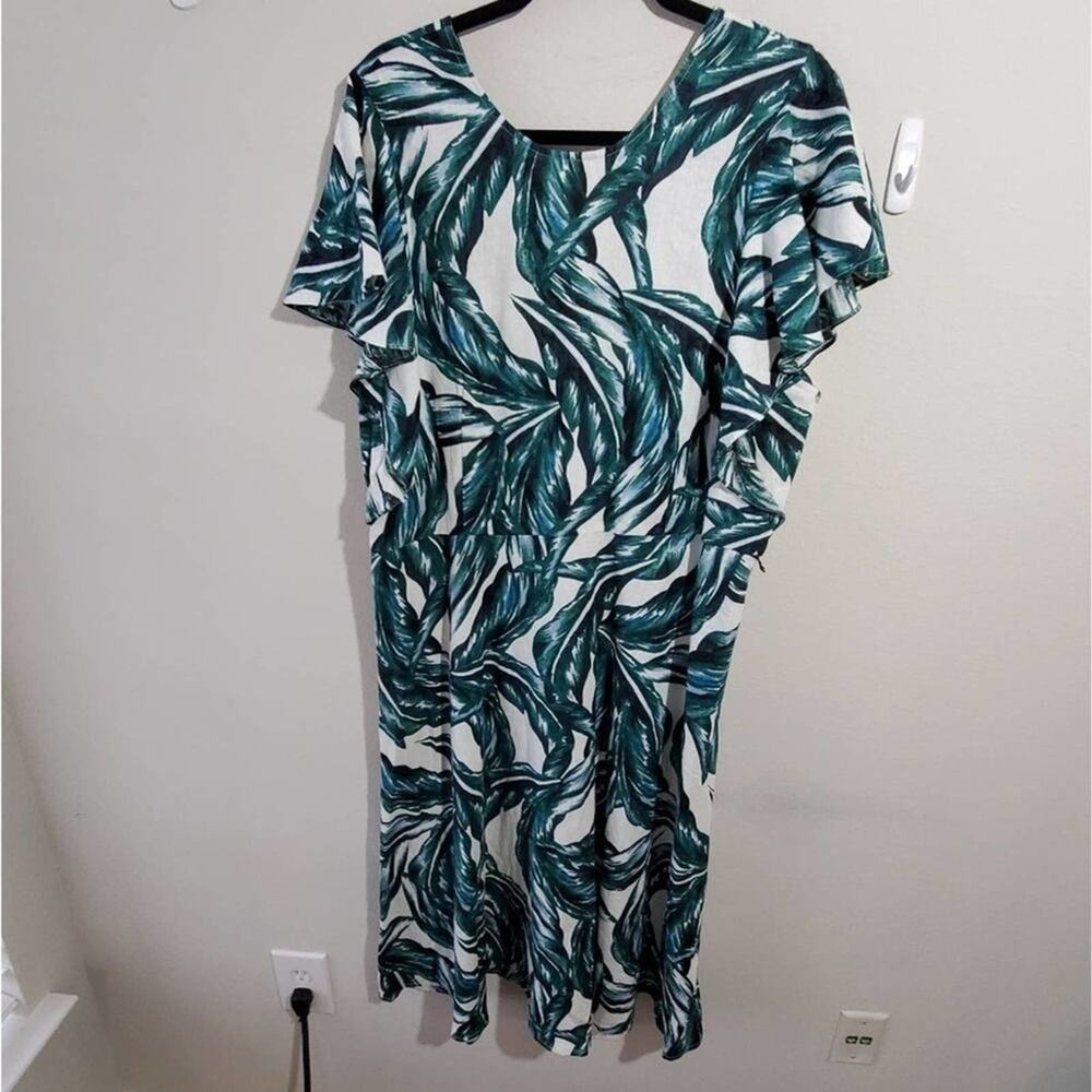 Tropical leaf linen blend midi dress plus size XXL